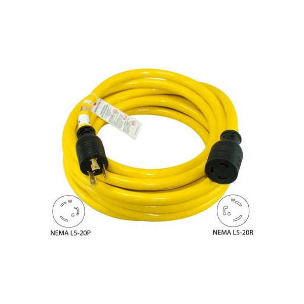 Conntek STW Locking Extension Cord, 12 AWG, 12/3, 1 Outlets, L5-20R, Yellow, L5-20P, 50 ft 20552 - main